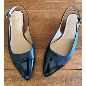 NWOT Naturalizer Banks Black Leather Patent Cap Toe Slingback 9M Low Block Heel